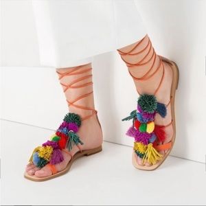 Zara tassel and pompom sandals, size 37,